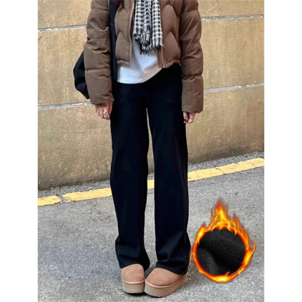 黑色窄版直筒牛仔裤女冬季新款加绒加厚高腰修身显瘦阔腿烟管裤子