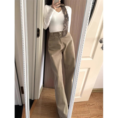 高个子加长复古高腰卡其色牛仔裤女美式新款高腰宽松阔腿直筒裤子