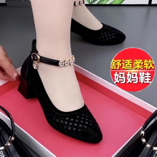 品牌鞋真皮水钻单鞋女夏镂空粗跟软底时尚百搭透气网纱中跟妈妈鞋