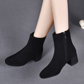 真皮磨砂短靴女2025新款 粗跟春秋单靴圆头绒面黑色瘦瘦靴冬季 加绒