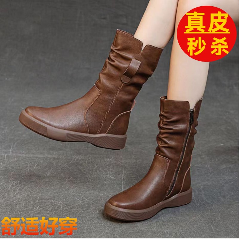品牌鞋外贸商场撤柜 真皮马丁靴女秋冬季大码中筒靴保暖复古厚底