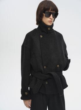 Undulate.Co 秋冬 翻领廓形绑带 羊驼毛多口袋 毛呢外套夹克