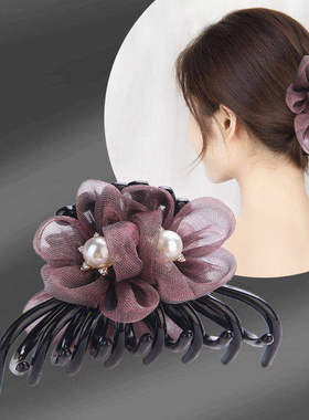 跨境韩版绢纱布艺花朵抓夹甜美淑女发夹盘发头饰后脑勺马尾发饰品