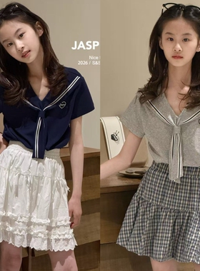 JASPER波拉韩国童装2026夏装女童短袖T恤中大童甜美上衣女孩半袖