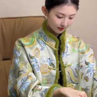 新中式国风绿色提花羽绒棉服女款冬季今年流行高级感超好看厚棉袄