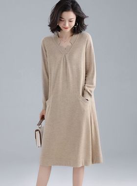 品瑟58037 长袖宽松大码针织连衣裙  中长阔版妈妈装慵懒针织长裙