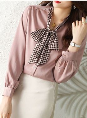 品瑟81316 醋酸衬衫女 千鸟格领子系带 长袖白衬衫 牛奶般丝滑