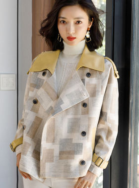 品瑟202090  秋冬夹克外套格子女装短开衫时尚高端英伦风pu麂皮衣