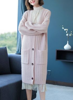 品瑟29145 马海毛套衫毛女秋冬V领慵懒上衣毛衣裙 加长过膝针织裙