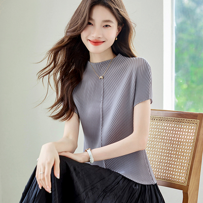 88183春夏半高领冰丝女薄款丝滑显瘦夏季上衣短袖T恤修身高弹胖子