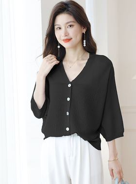 冰丝针织开衫女夏季薄款高端中袖七分袖防晒空调衫上衣披肩86011