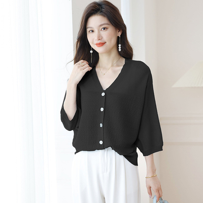 冰丝针织开衫女夏季薄款高端中袖七分袖防晒空调衫上衣披肩86011
