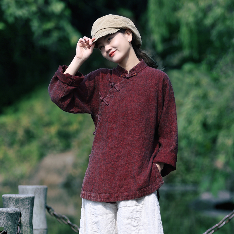 古石后中式复古色织亚麻春秋衬衫