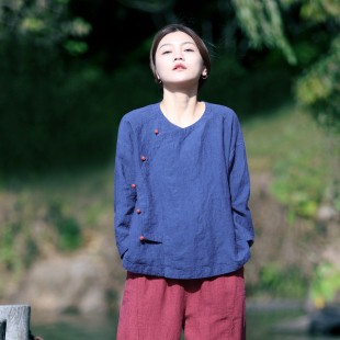 上衣 古石后原创布衣亚麻蓝色衬衫 女夏宽松大码 偏襟圆领长袖 新中式