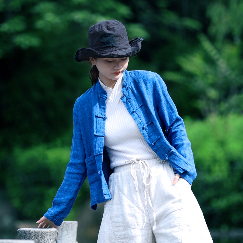 古石后原创蓝色衬衫外套女亚麻春秋直筒显瘦中式对襟长袖短款上衣