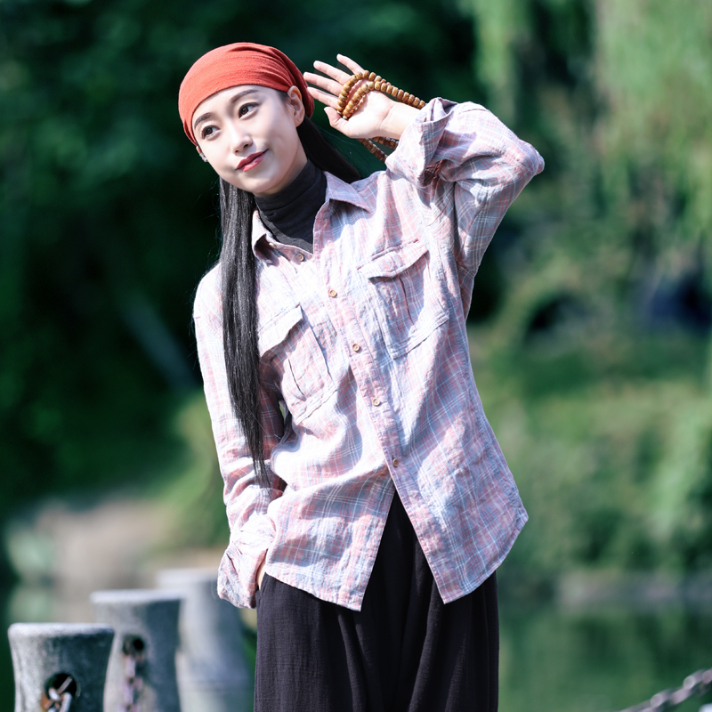 古石后宽松休闲亚麻长袖衬衫开衫