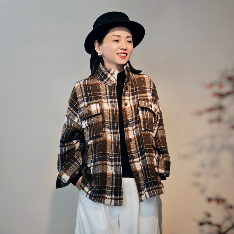 古石后原创布衣外套女款春秋高端羊毛亚麻百搭翻领格子毛呢短外套 - 实物图