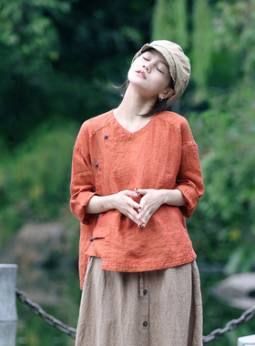 古石后原创新中式上衣女夏季薄款长袖圆领大码宽松防晒亚麻衬衫