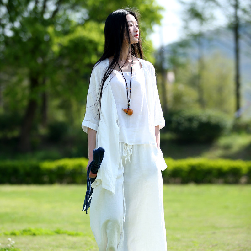 古石后原创布衣白色亚麻衬衫女夏薄款禅意风茶服外套中式国风上衣