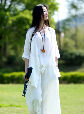 古石后原创布衣白色亚麻衬衫女夏薄款禅意风茶服外套中式国风上衣