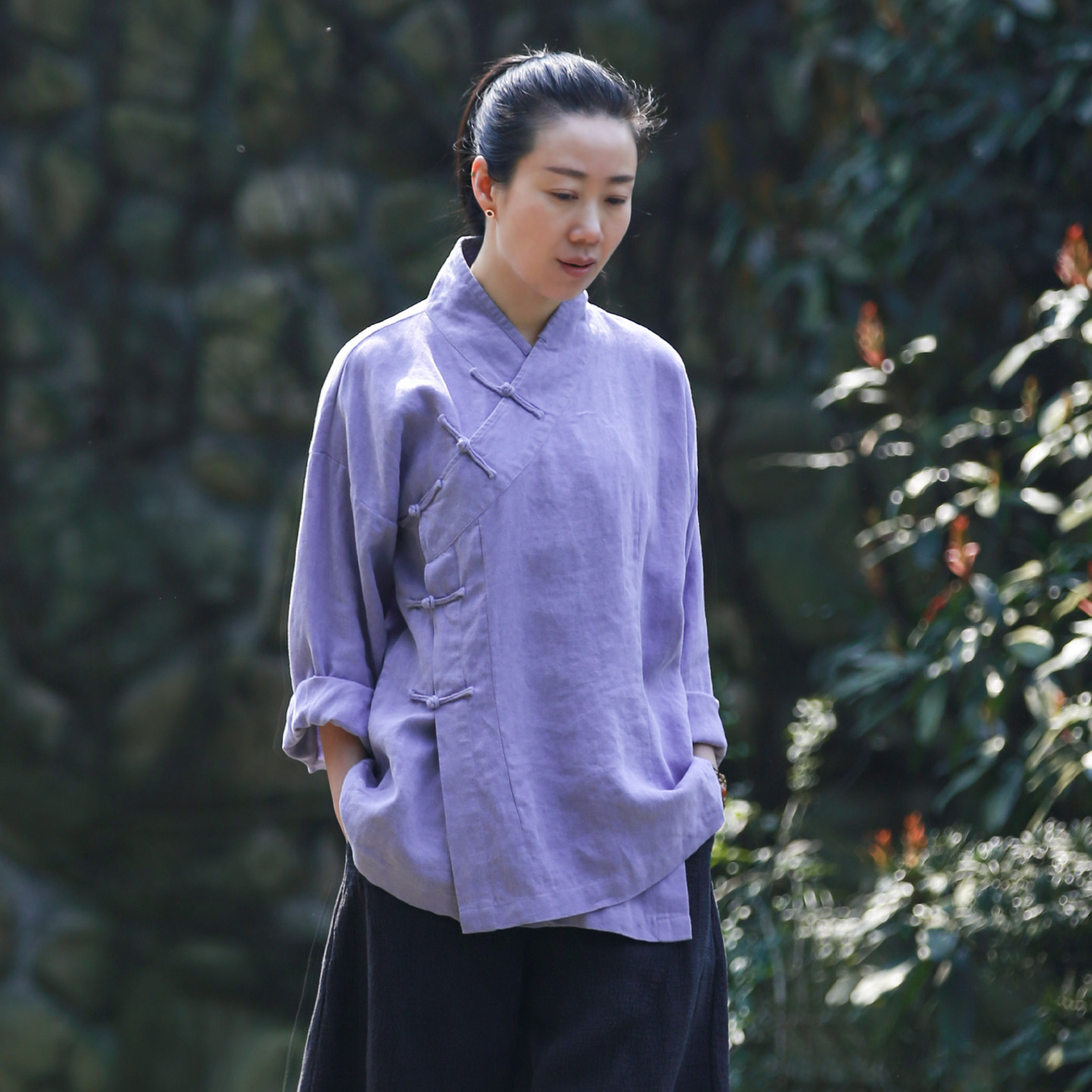 古石后原创布衣中式上衣女春秋大码宽松打坐太极禅服亚麻紫色衬衫