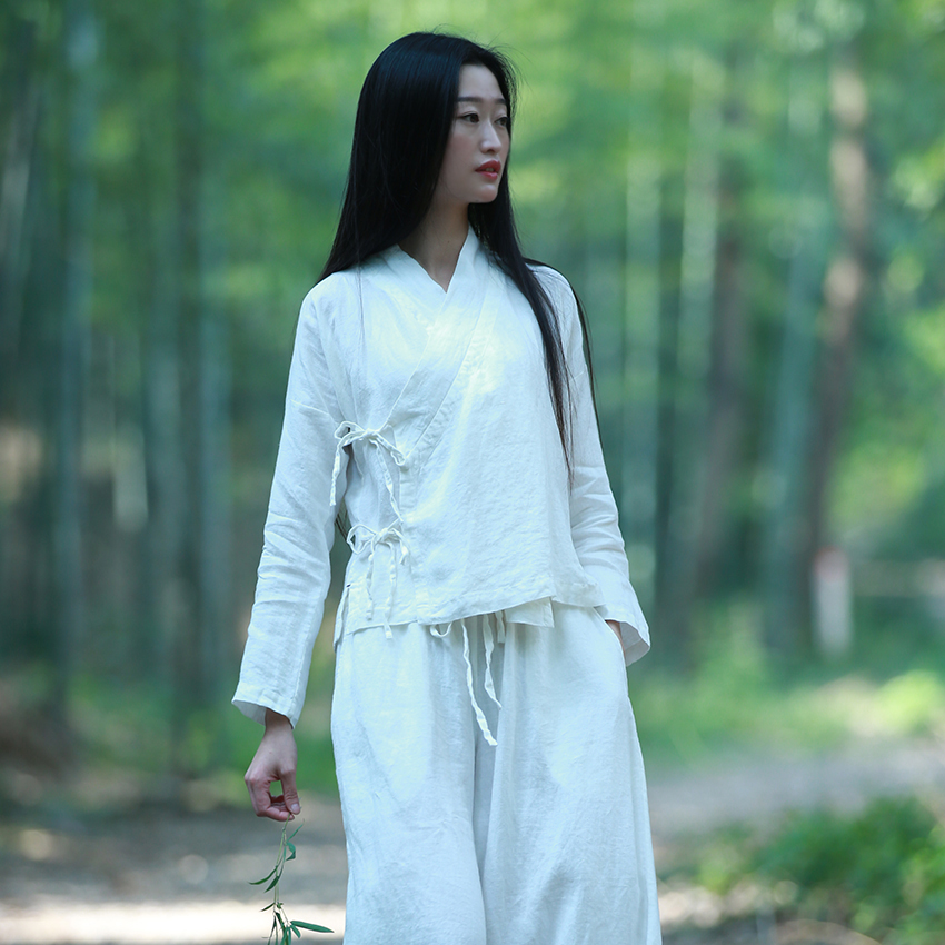 古石后中式改良斜襟系带白色衬衣