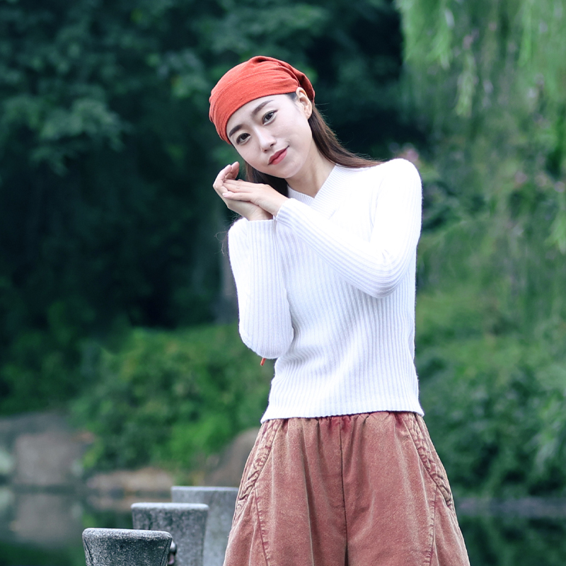 古石后V领长袖内搭打底羊绒衫