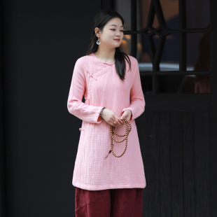 古石后原创布衣新中式 上衣女春棉麻复古改良圆领斜襟盘扣茶服衬衫