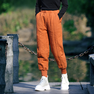 夹棉保暖显瘦裤 外穿亚麻小脚靴裤 子 女秋冬季 古石后原创布衣棉裤