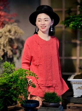 古石后原创新中式上衣女春夏亚麻圆领七分袖宽松复古偏襟红色衬衫