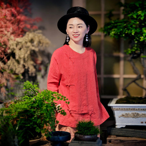 古石后新中式圆领偏襟七分袖衬衫