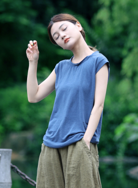 古石后原创布衣蓝色短袖t恤女夏棉麻无袖上衣汉麻修身内搭打底衫