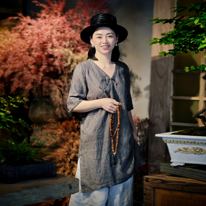 古石后亚麻V领复古斜襟中式上衣