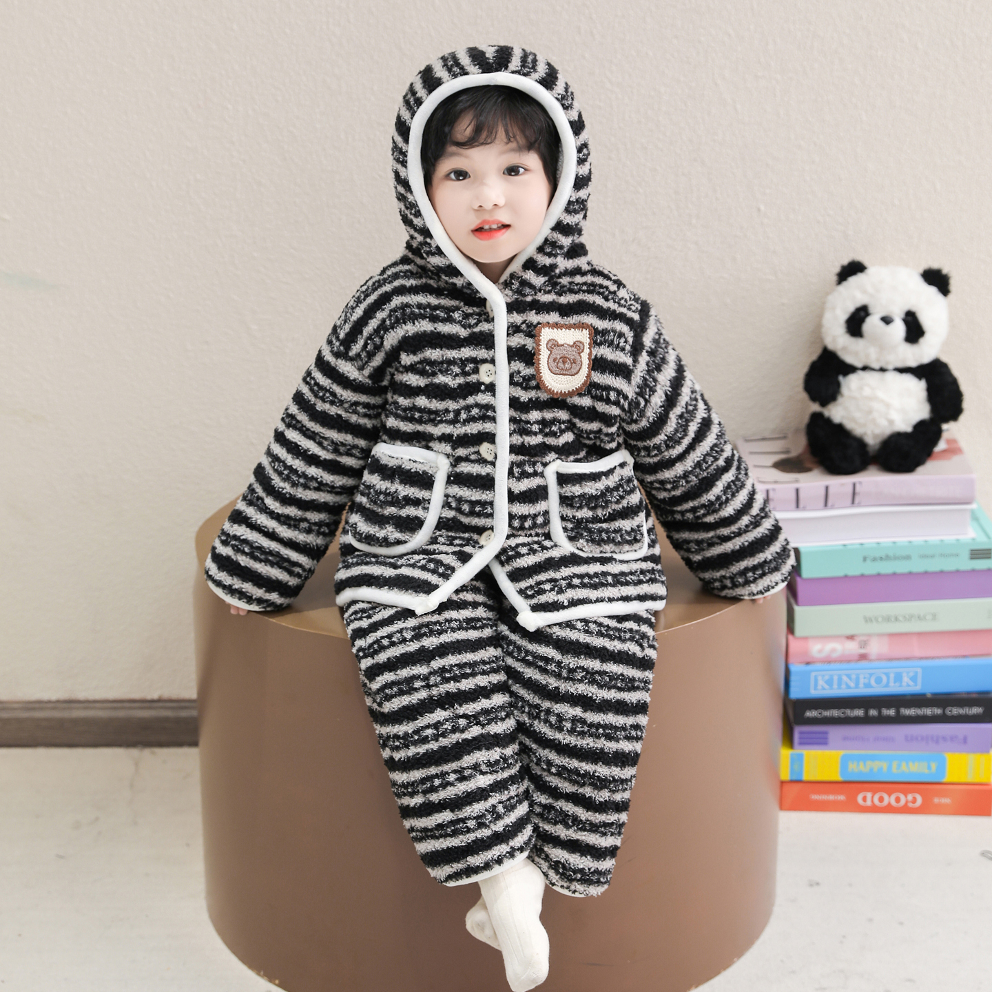 冬季新款睡衣男孩三层夹棉加厚保暖珊瑚绒居家服中小童法兰绒棉袄