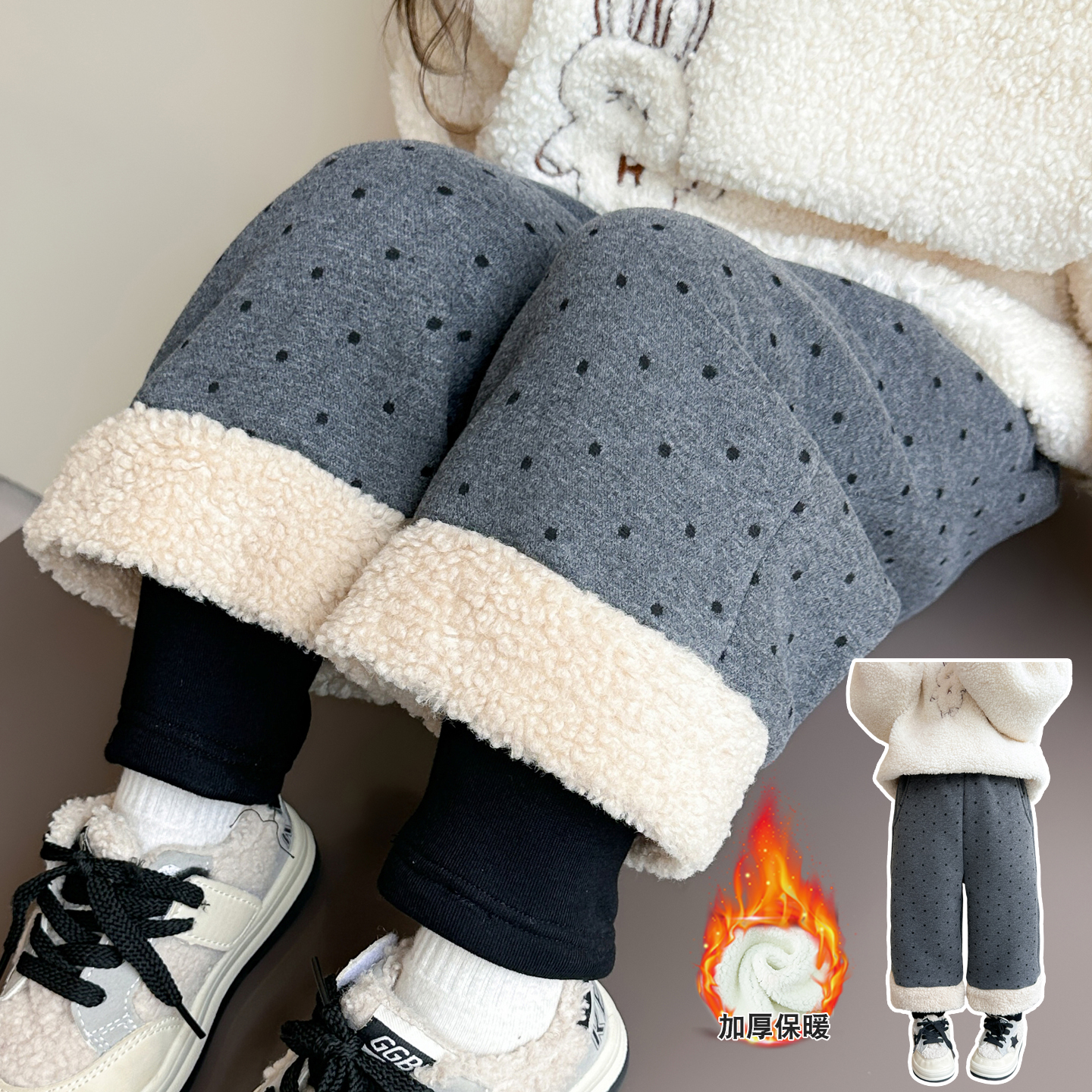 女童假两件波点加绒加厚棉裤小女孩圆点保暖裤冬季百搭休闲长裤潮