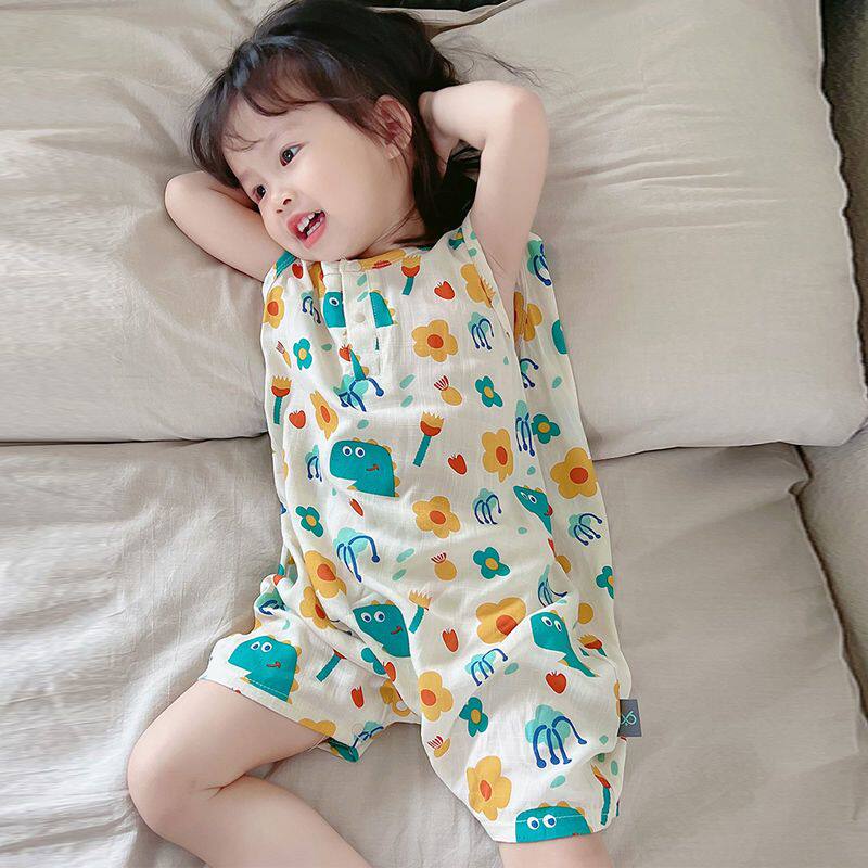 女童夏季清凉竹节睡衣男宝卡通恐龙家居服连体衣薄款防踢被睡裙