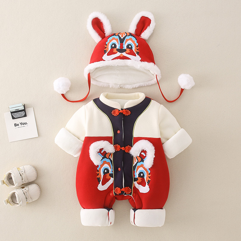 婴儿红色国风连身衣宝宝冬季加绒