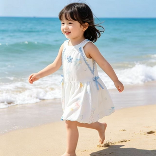 女童无袖花苞连衣裙小女孩蝴蝶结卡通度假风裙子女宝宝夏季背心裙