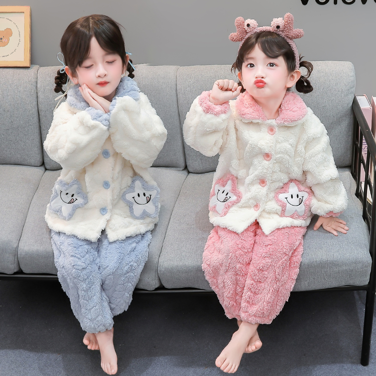 女童睡衣卡通新款秋冬装法兰绒睡衣儿童加绒加厚睡衣家居服套装