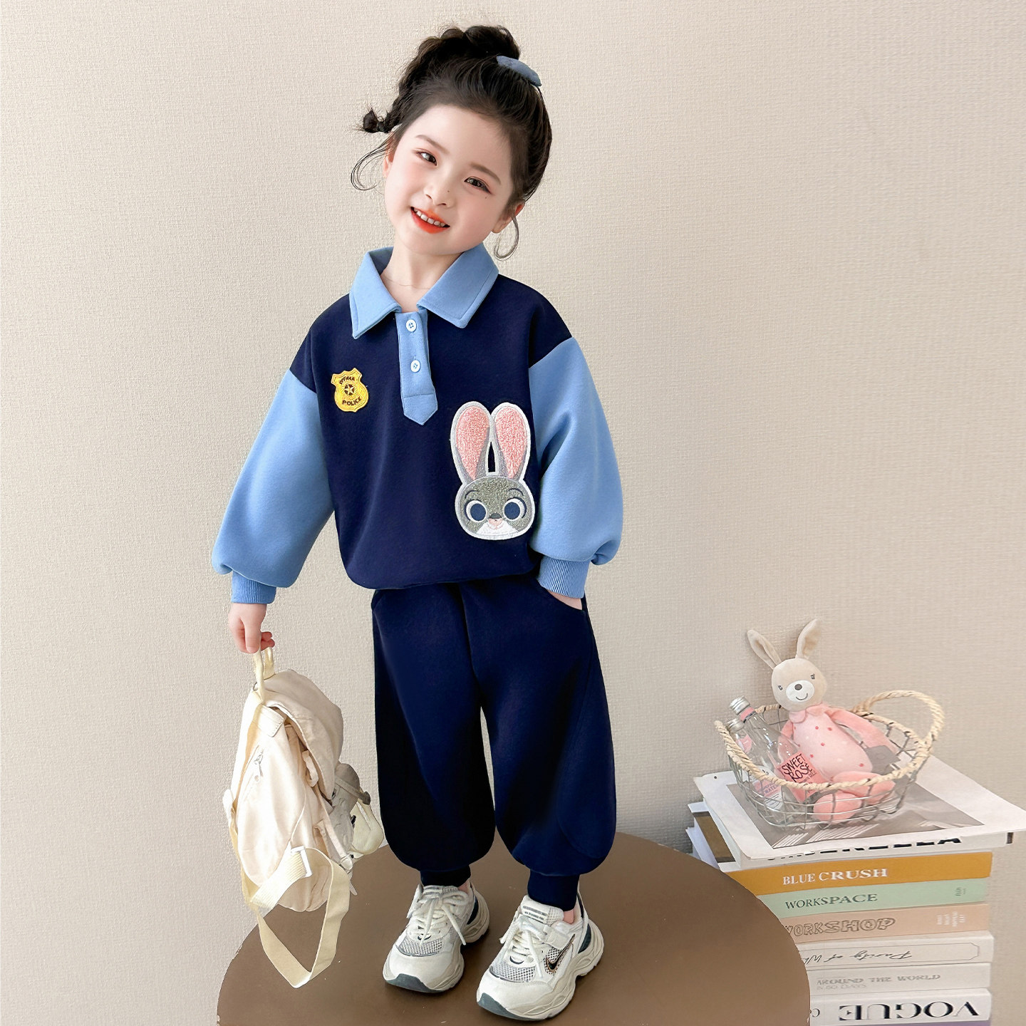 女童卡通兔子警官时尚polo领卫衣套装春季2026新款休闲运动两件套