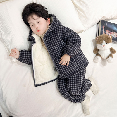 冬季加厚保暖童格子家居服套装