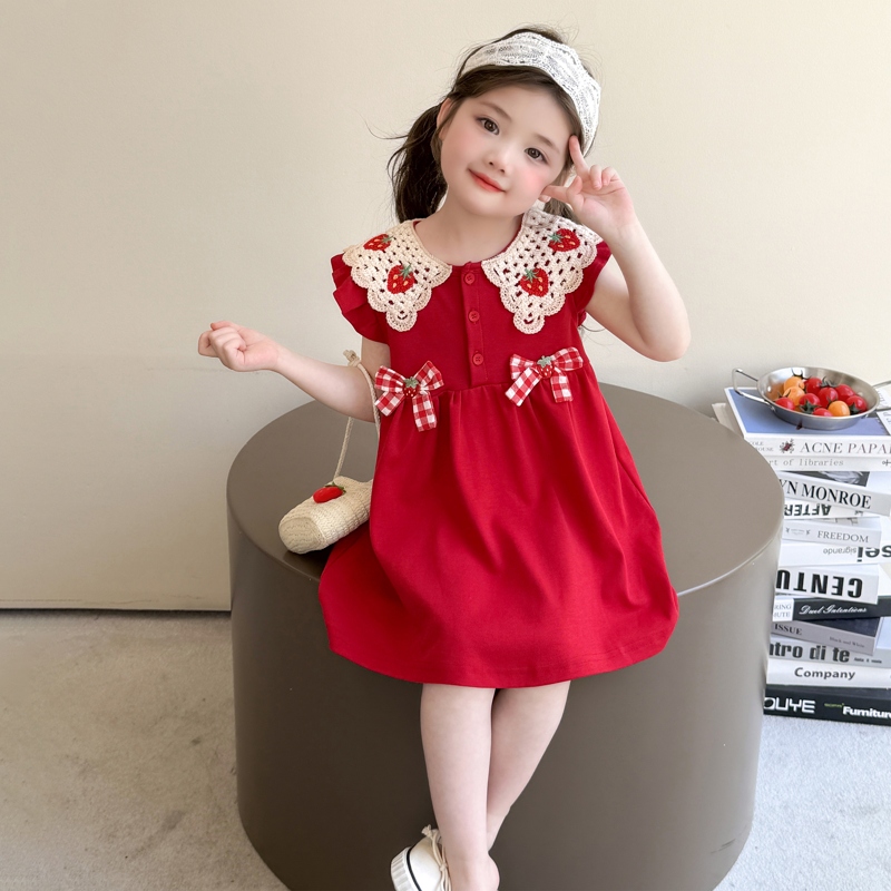 女童甜美草莓蝴蝶结飞袖连衣裙2025新款儿童夏季女宝宝洋气公主裙