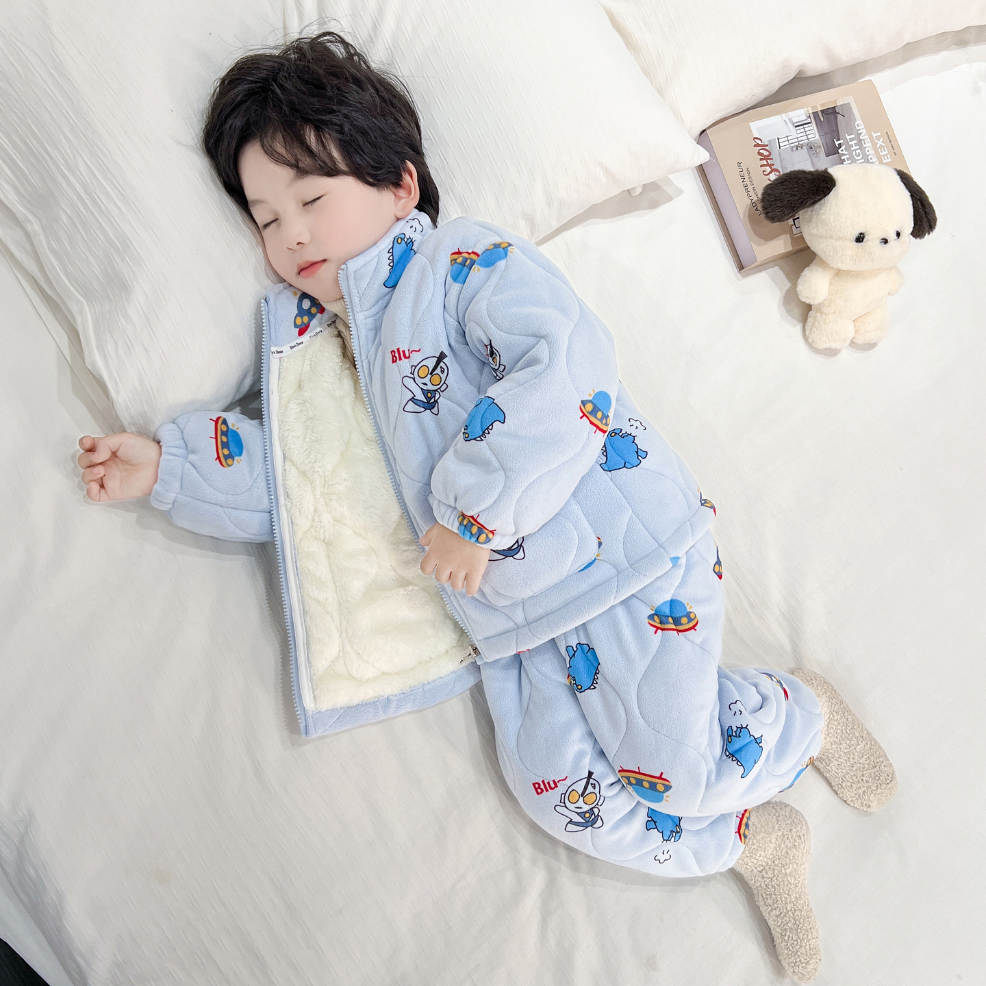男童卡通奥特曼三层夹棉珊瑚绒