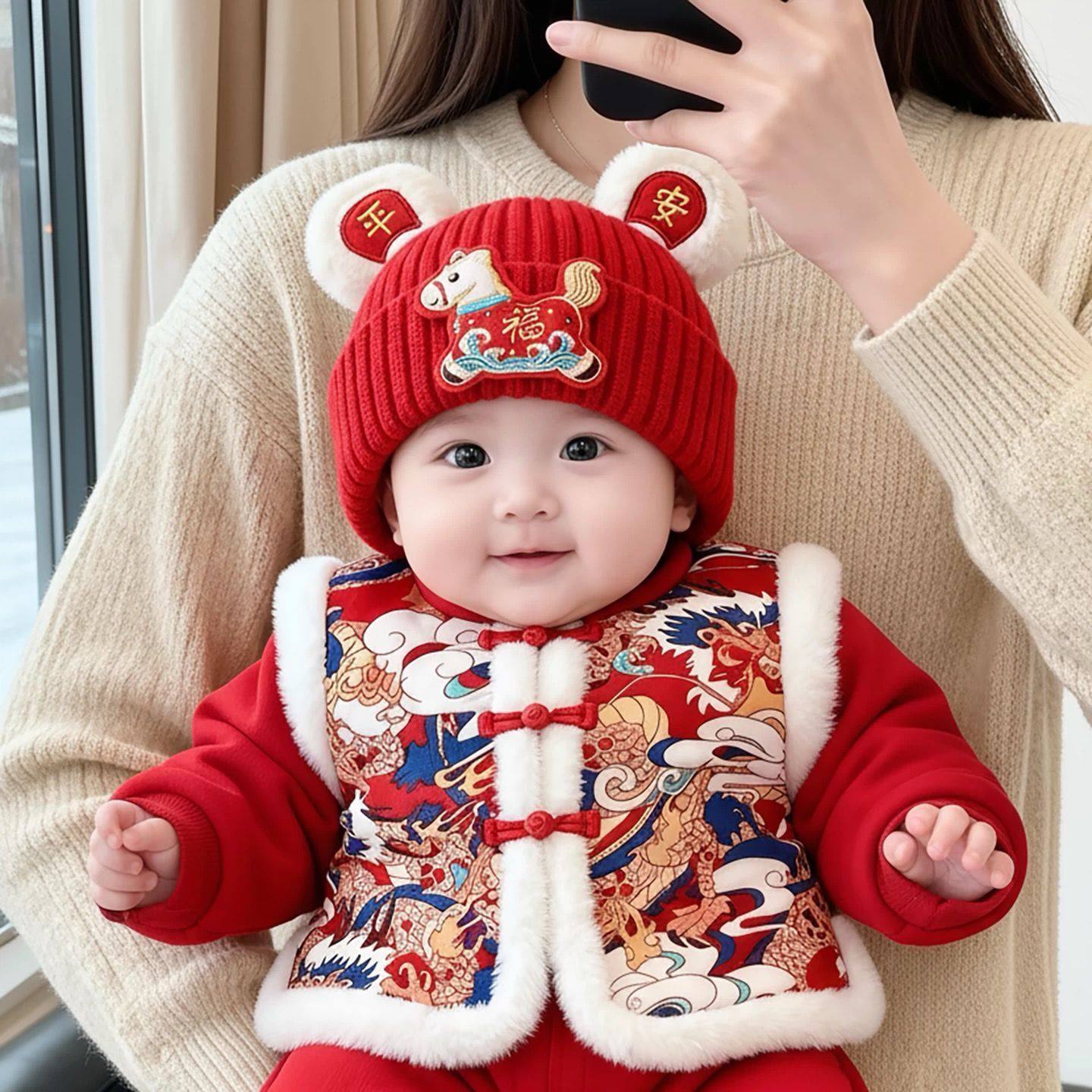 婴儿红色帽子秋冬季保暖加厚针织套头帽男童女宝宝新年喜庆毛线帽