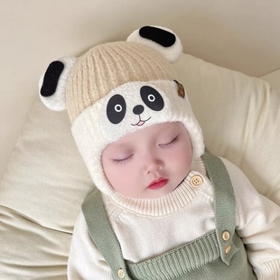 宝宝帽子秋冬款毛线帽可爱熊猫男女童加厚保暖婴幼儿护耳套头帽萌