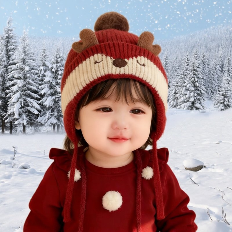 宝宝帽子秋冬季新年红色男女童保暖针织护耳帽加厚婴儿冬天毛线帽