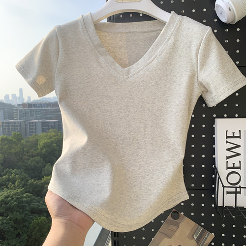 辣妹V领正肩短袖T恤女