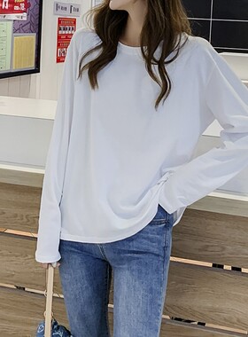 棉质长袖t恤女春秋2025新款宽松白色打底衫秋冬加绒短款上衣百搭