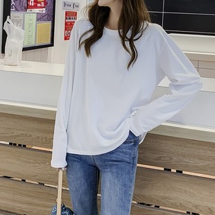 棉质长袖t恤女春秋2025新款宽松白色打底衫秋冬加绒短款上衣百搭