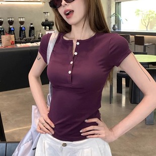 洋气T恤上衣 2025春夏新款 韩版 修身 气质贝壳扣莱赛尔天丝亲肤短袖
